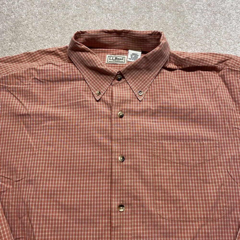 LL Bean‎ Shirt Mens XL Tall Orange Plaid Button Down Pocket Casual Outdoors